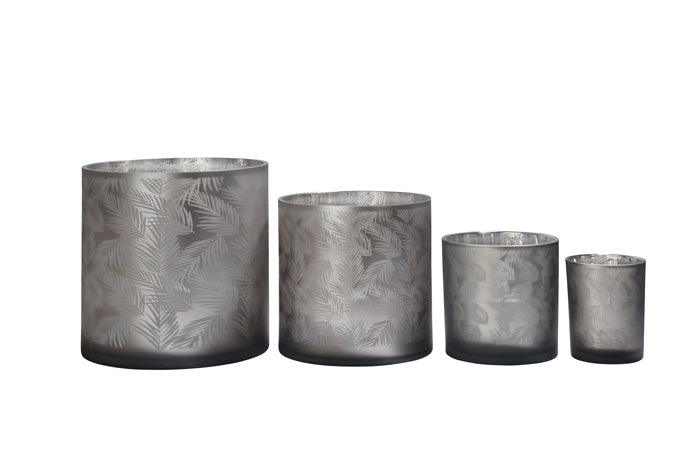 Windlicht Vase aus Glas grau mit Blattmuster 15cm