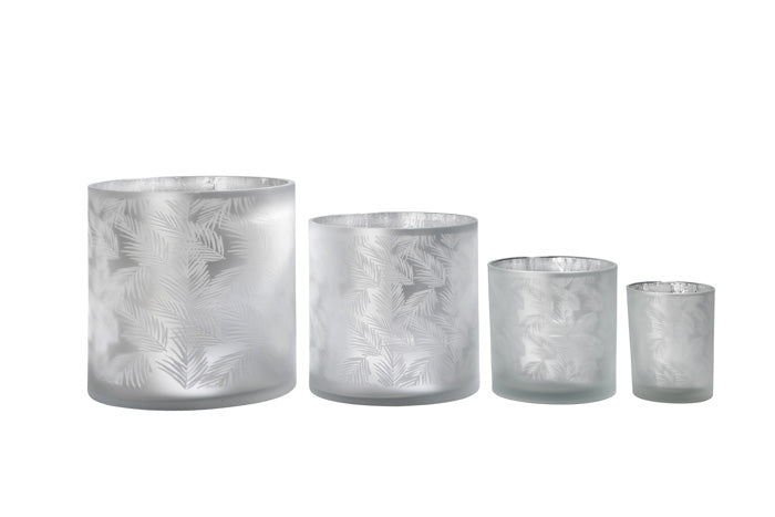 Windlicht Vase aus Glas weiß silber mit Farn 15cm