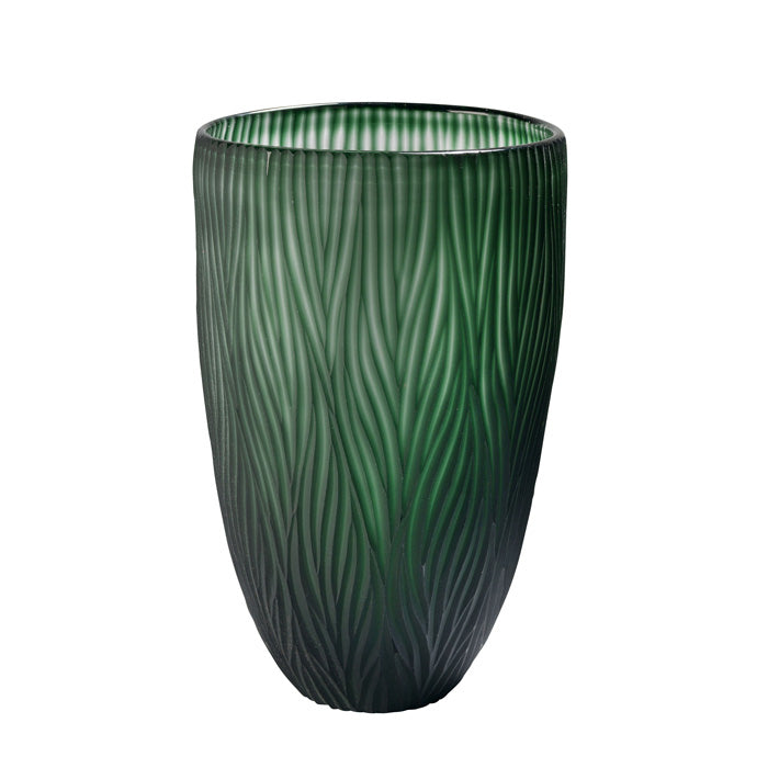 Schmale Vase aus Glas grün 18x28cm mit geschliffenen Muster mundgeblasen mundgeblasen, Handwerkskunst