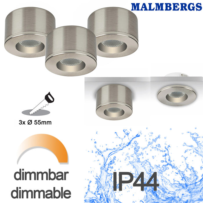 3er Set LED Spots Einbau & Aufbau dimmbar Alu IP44 55mm MD-31 – Einbaustrahler IP44, dimmbar, 55mm