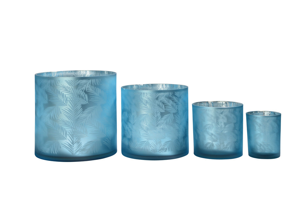 Windlicht Vase blau silber aus Glas mit Blattmuster 24,5cm