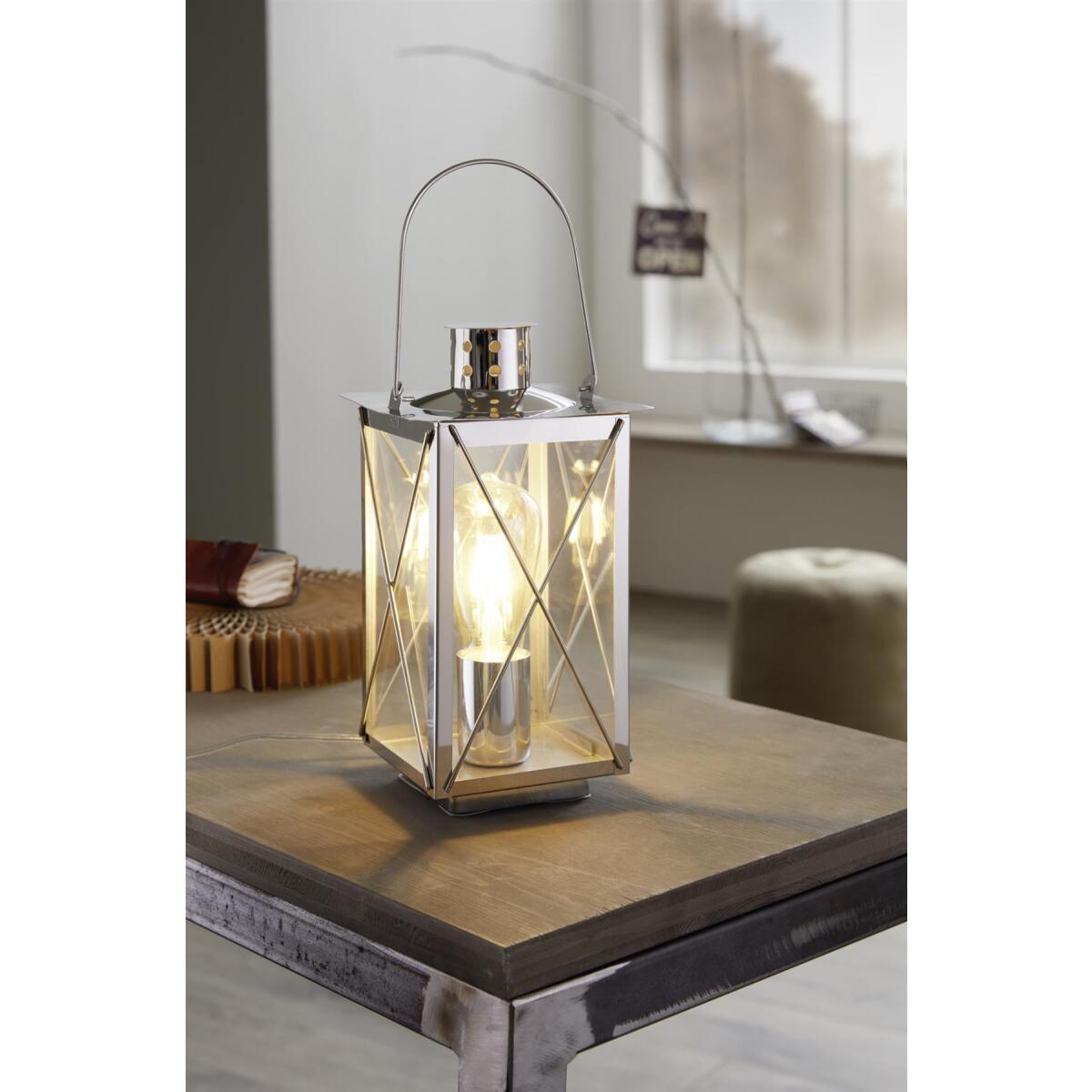 Tischlampe Laterne eckig Chrom glänzend mit Glaswänden E27