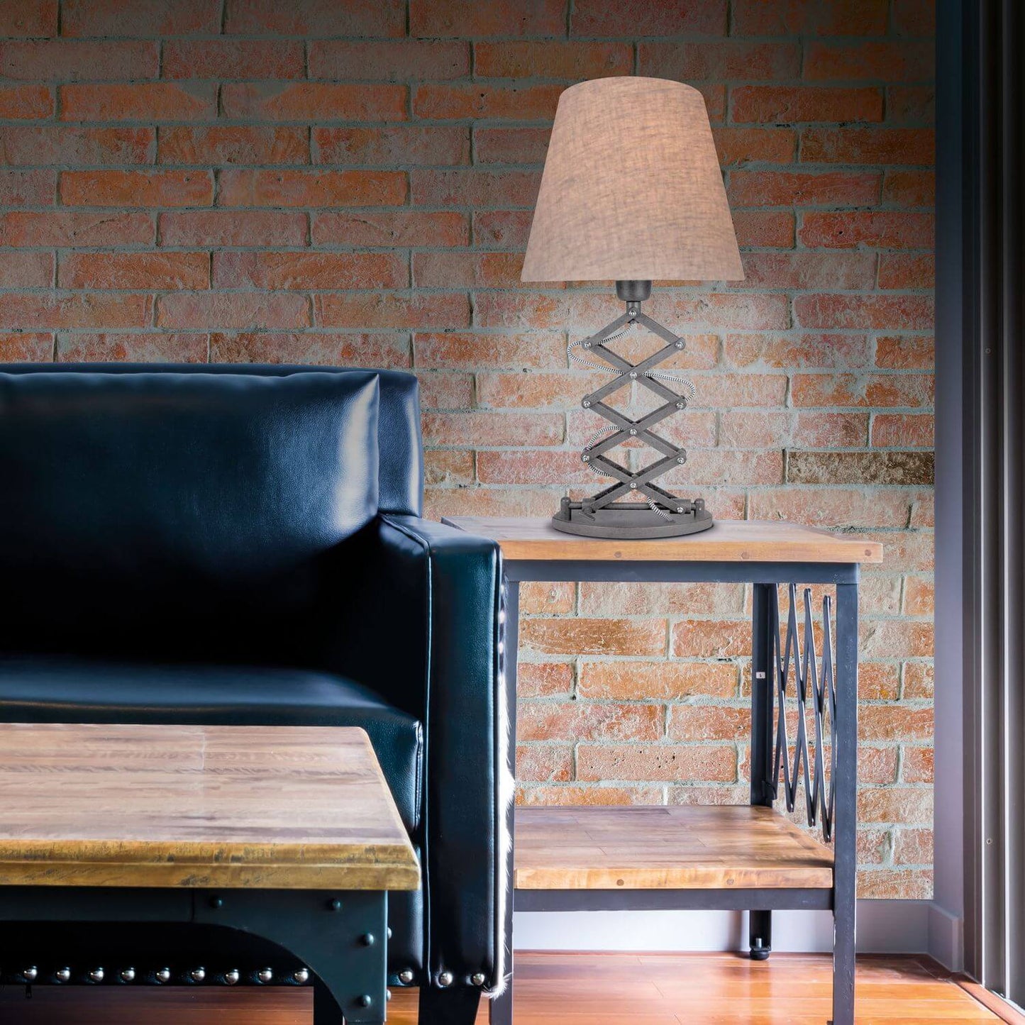 Tischlampe höhenverstellbar mit Scherenarm Stoffschirm beige E27