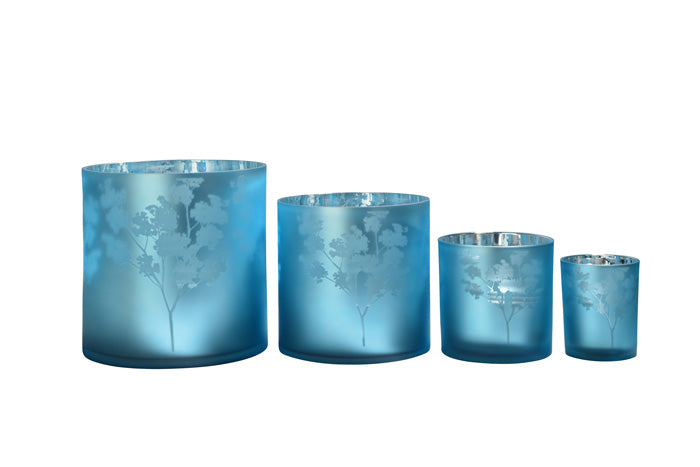 Windlicht Vase aus Glas blau silber mit Blumen 10cm