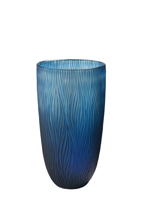 Hohe Glasvase blau 21x36cm mit geschliffenen Muster mundgeblasen mundgeblasen, Handwerkskunst