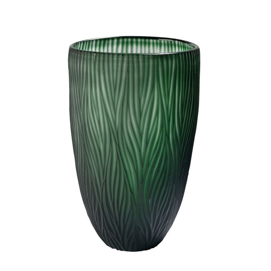 Schmale Vase aus Glas grün 18x28cm mit geschliffenen Muster mundgeblasen mundgeblasen, Handwerkskunst