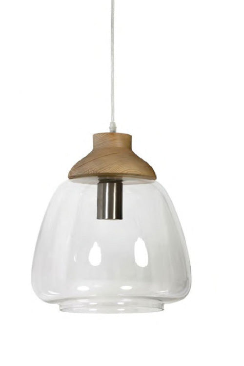 Pendelleuchte Sienna bauchiges Glas klar mit Holzelement – Pendelleuchte E27